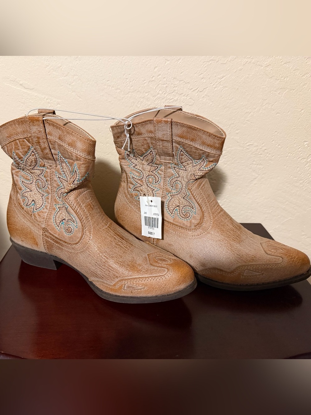 Tan Western Ankle Boots with Embroidered Detail